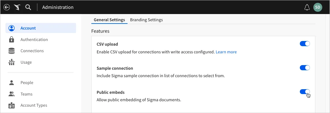 Features section with the Public embeds toggle in the on position