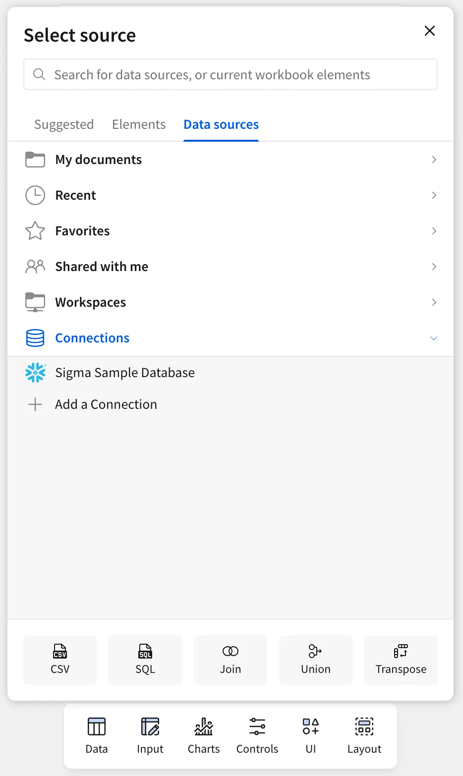 The select source modal shows options for data sources to add to the workbook. The connections section is open and shows the Sigma Sample Database