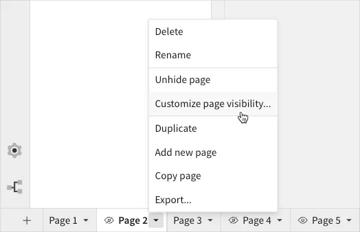Page menu open for the Page 2 tab, showing Unhide page is available and the cursor hovering over Customize page visibility.