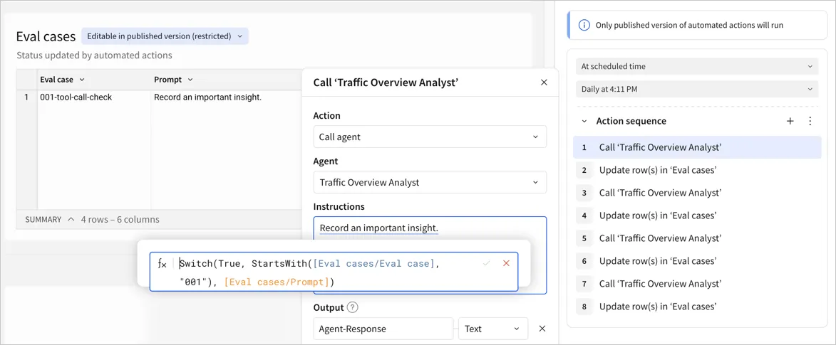 A Call agent action configured with a Switch formula that matches eval case 001 to its prompt, alongside an action sequence that alternates Call 'Traffic Overview Analyst' and Update row(s) in 'Eval cases' steps for each eval case.