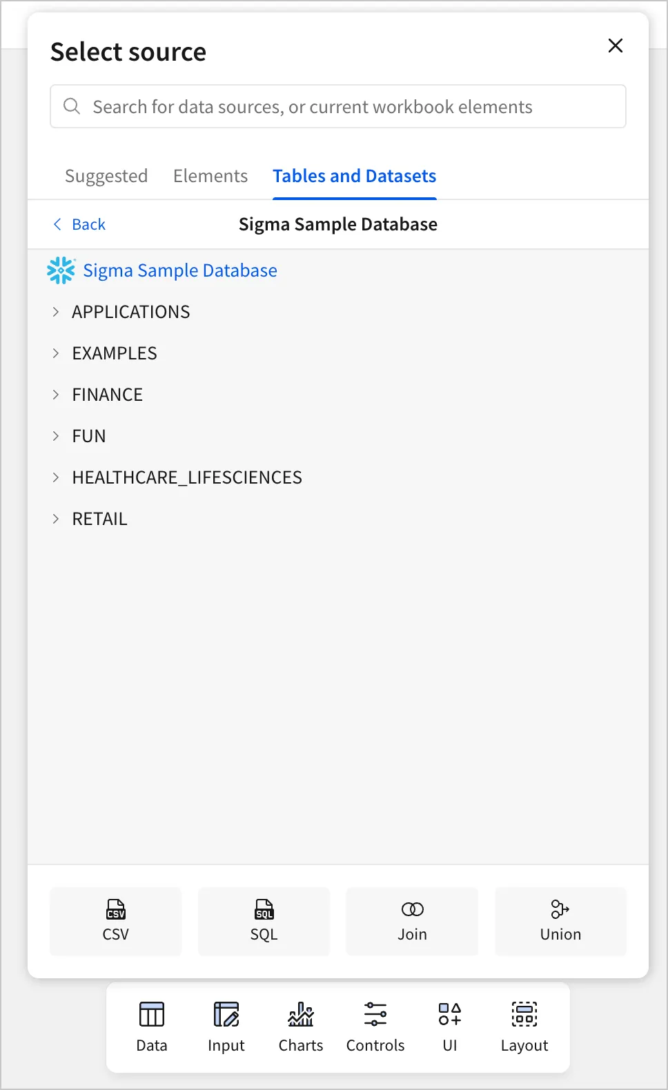 Select source popover modal showing the Sigma Sample Database selected in the Tables and Datasets tab, with four options at the bottom for CSV, SQL, Join, and Union.