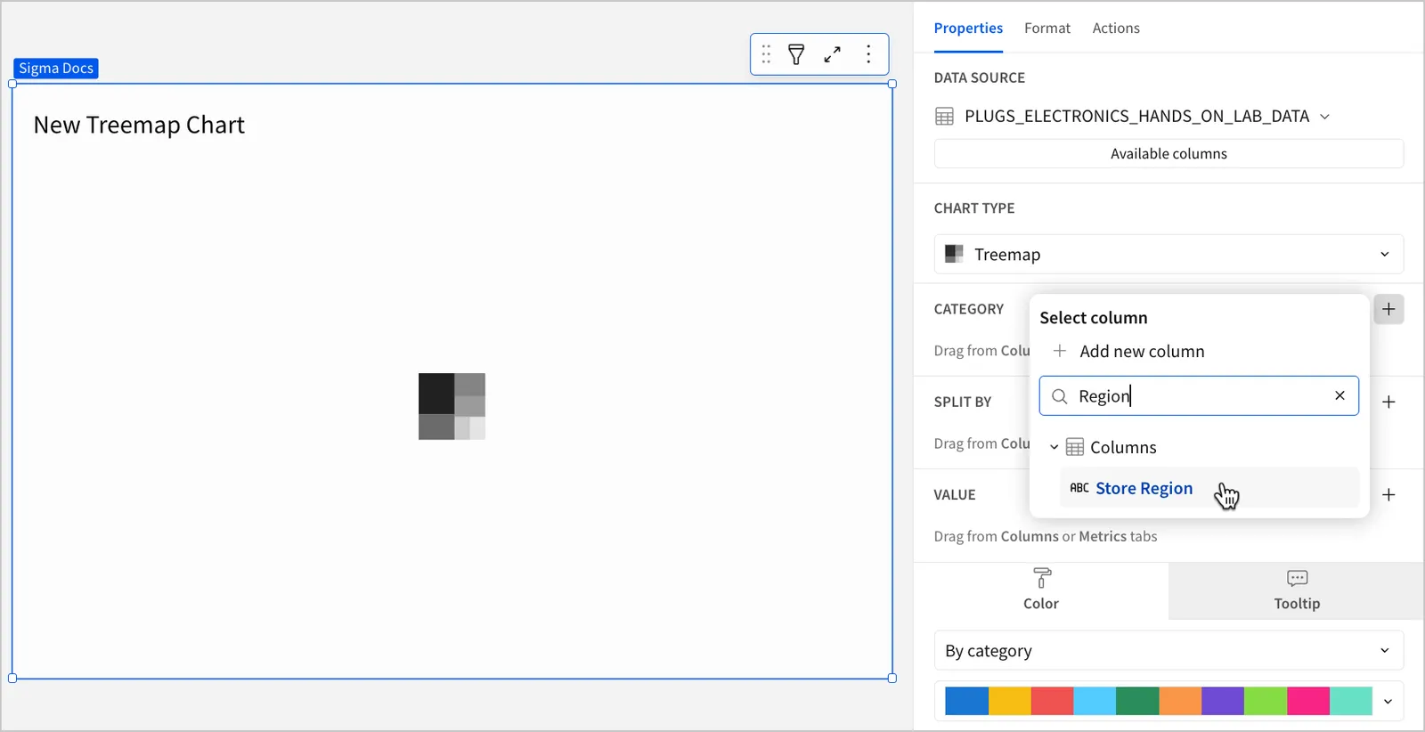 A blank treemap chart titled New Treemap Chart, and the cursor hovering over a column named Store Region in the Select column popover, with the word Region typed in the search box