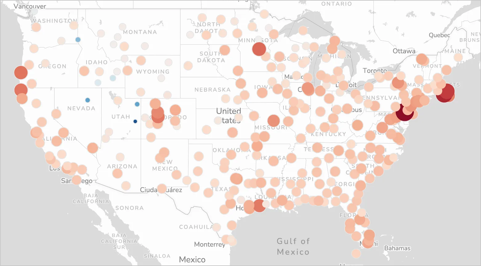 A point map of the United States shows larger, redder dots for some airports that are more delayed