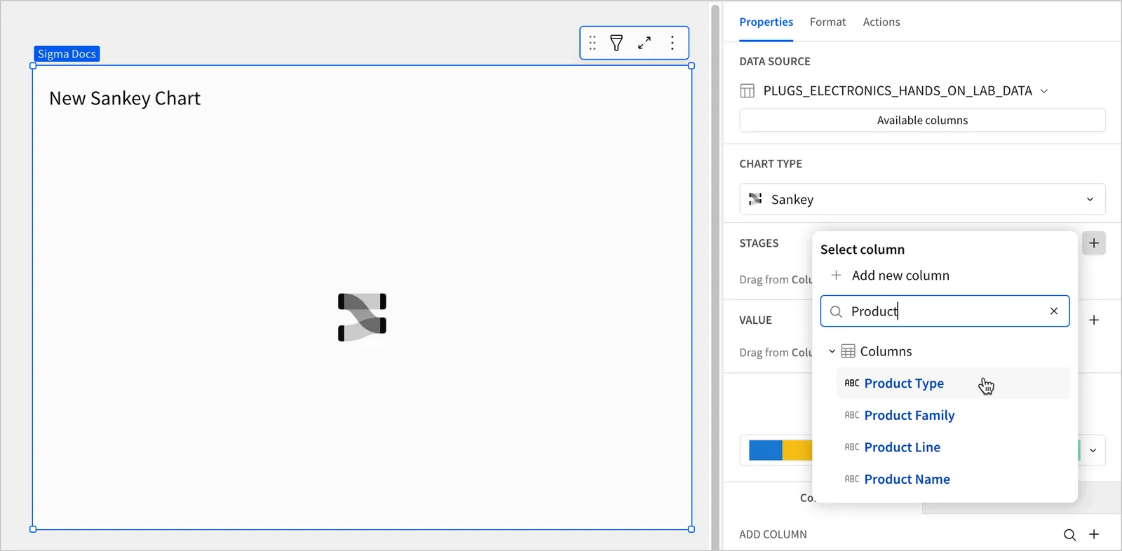 A workbook page with a blank Sankey chart titled New Sankey Chart, with the cursor hovering over a column named Product Type in the Select column popover, and the word Product entered in the search box.
