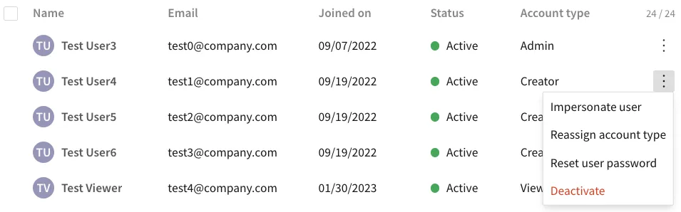 The Users tab with the More menu open for a user, showing Impersonate user, Reassign account type, Reset user password, and Deactivate options.
