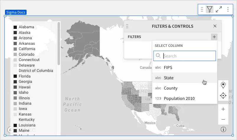 The Filters & Controls modal is open over a workbook map, with the Select column menu showing FIPS, State, County, and Population 2010.