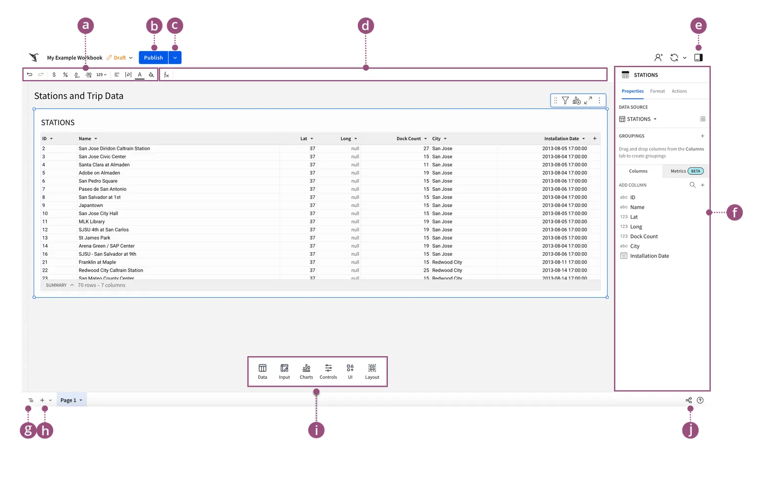 Annotated diagram of workbook in Edit mode