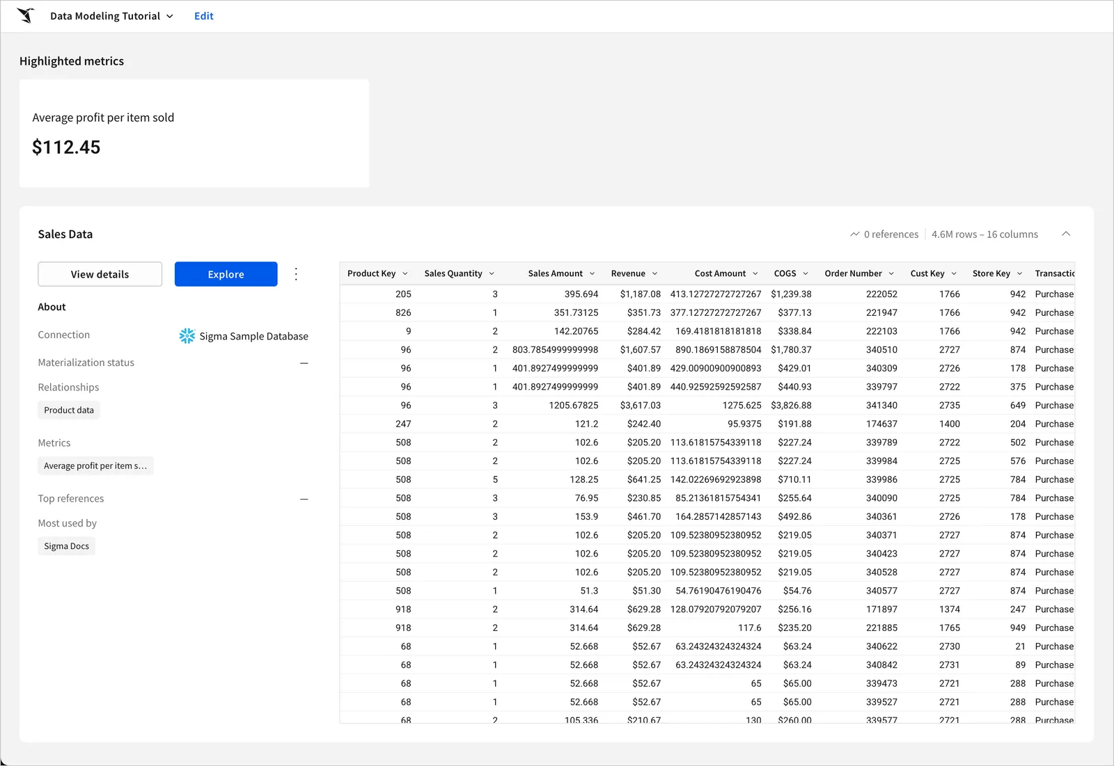 The data model overview page of the data model titled Data Modeling Tutorial, displaying the fact that a column called "Store Json Data" and two dimension tables containing information about customers and products sold have been hidden from the overview page, along with the normal data model overview information including the associated metrics and relationships.