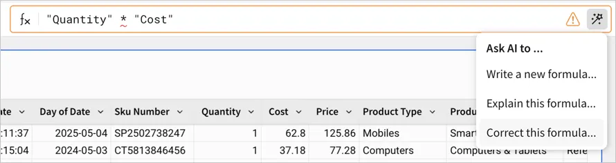 Table showing a column with a formula error. Formula assistant menu displayed with cursor over the "Correct this formula" option.