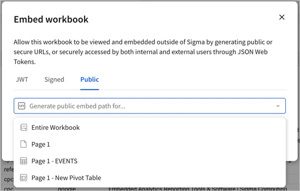 Embed workbook modal with generate public URL dropdown open to show the entire workbook, page 1 of the workbook, and two elements in the workbook by name.