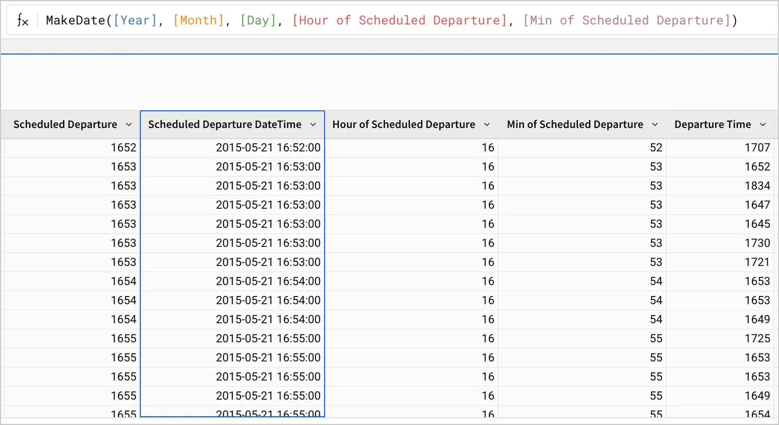 The formula returns a column of timestamps, like “2015-05-21 16:52:00” for 4:52 PM on May 21st, 2015