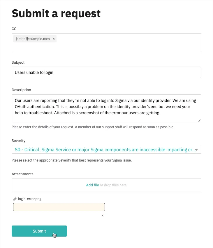 Screenshot of Submit a request form with the subject, description, severity and attachment fields