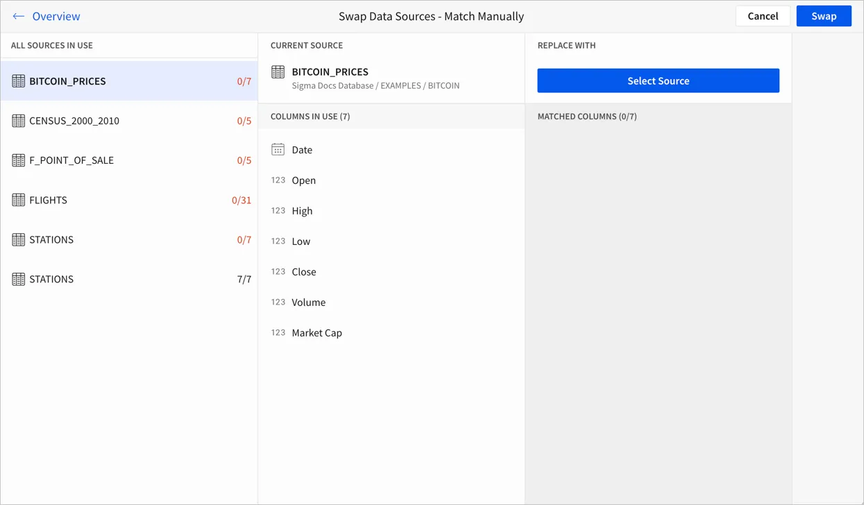 Manual match page, with one column listing existing sources in the document, a second column showing the columns in the selected source, and a third column with an option to select a new source.