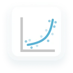 A trend line that starts low and rises at a steeply increasing rate through scattered data points.