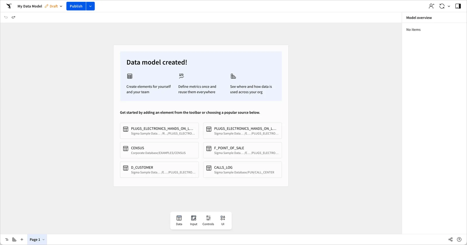 A blank, newly created data model displaying the "Data model created!" welcome text above a list of suggested data sources for getting started.