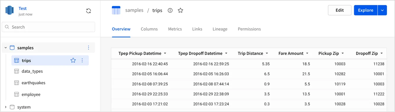 The browse connection view with the samples database expanded in the left panel and the trips table selected, showing its Overview tab with trip datetime, distance, and fare amount columns.