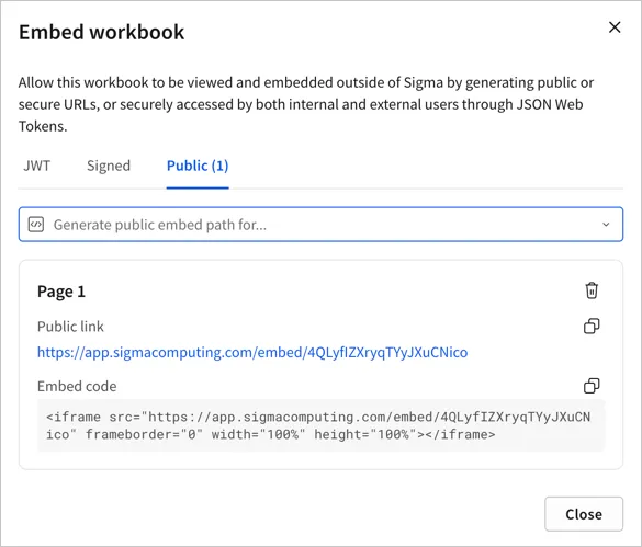 Embed workbook modal with generated public link and the embed code for the generated public embed visible. The embed code provides default iframe syntax.