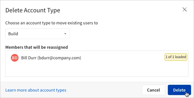 The delete confirmation modal showing that one user will be moved to a different account type.