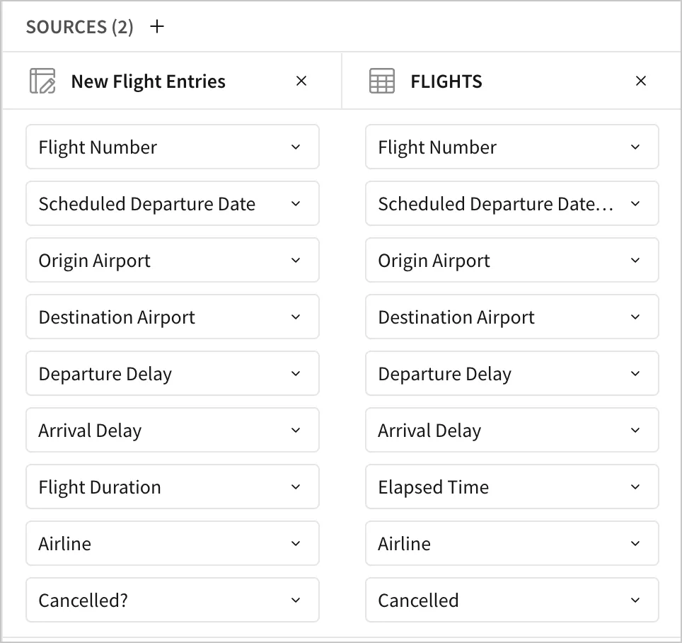 In the Sources screen, columns are matched between the New Flight Entries table and the FLIGHTS table