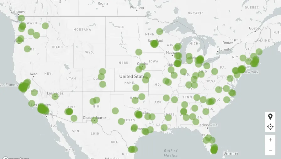 Point map of the United States with green dots marking data locations across the country.
