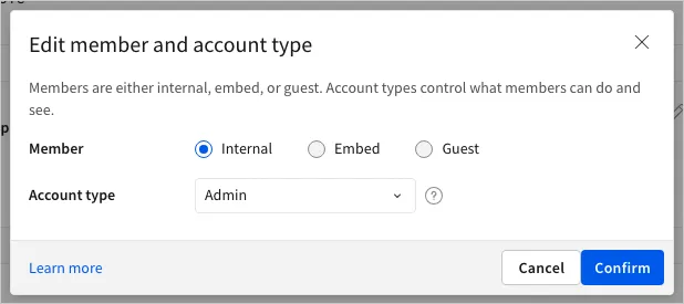 The Edit member and account type dialog with Member set to Internal, the Embed and Guest options available, and Account type set to Admin.