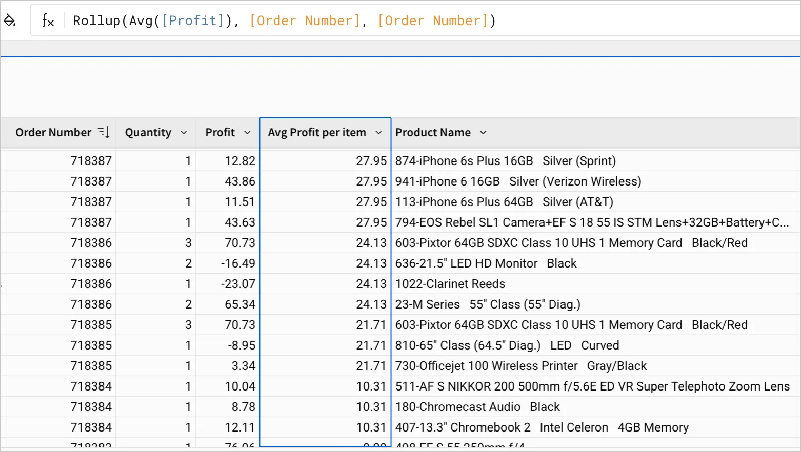 A table shows a self-join, where the profit for each item in an order is averaged and joined onto itself. Though the Profit column varies line to line in each order, the Avg Profit column is the same for each line in the order