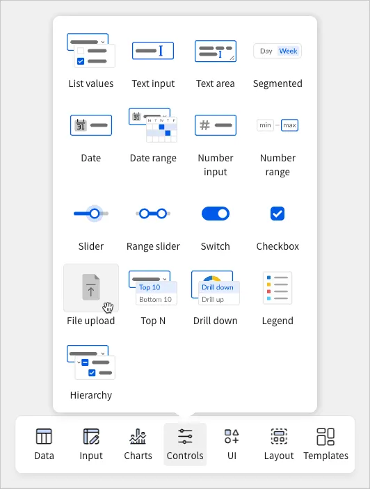 The Controls element picker with File upload highlighted among the available control types.