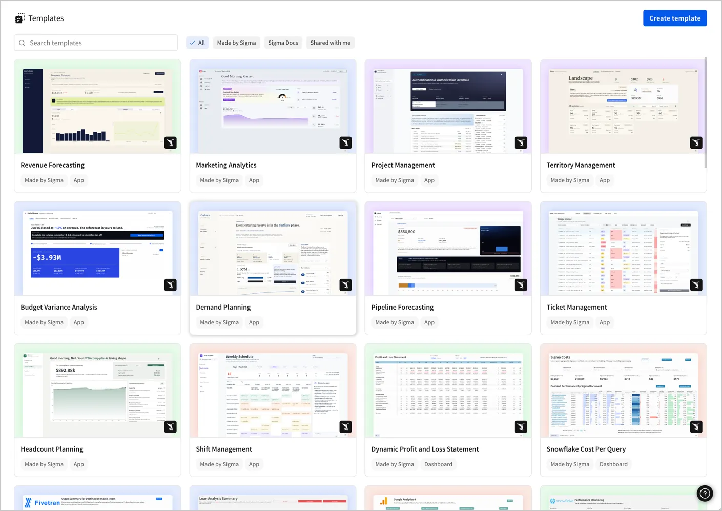 Template gallery page with revenue forecasting, marketing analytics, project management, territory management, budget variance analysis, demand planning, pipeline forecasting, ticket management, and other app templates visible as cards with filters for made by Sigma, shared with me, and the organization name.