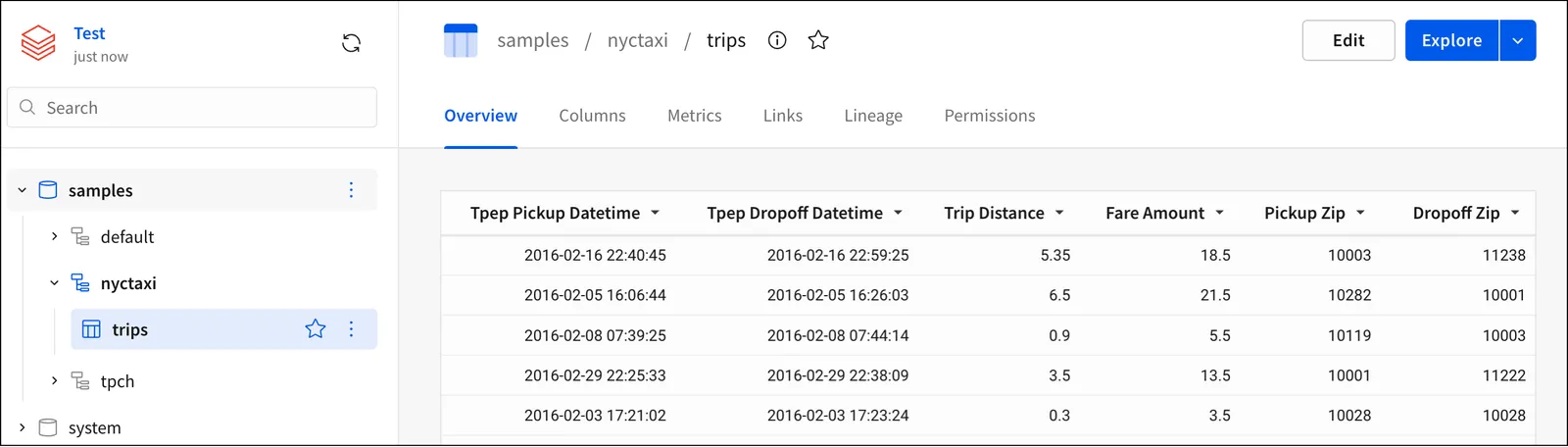 The browse connection view, showing a table available through the connection