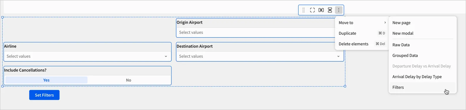 A user selects the remaining controls on the page and opens the options to move them to the Filters modal