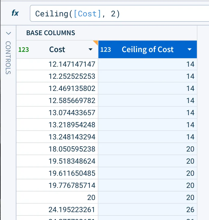 For given cost data of 12.14, 12.25, 12.46, 12.58, 13.07, 13.21, 13.24, 18.05, and others, the ceiling of cost column has values of 14, 14, 14, 14, 14, 14, 14, and 20.