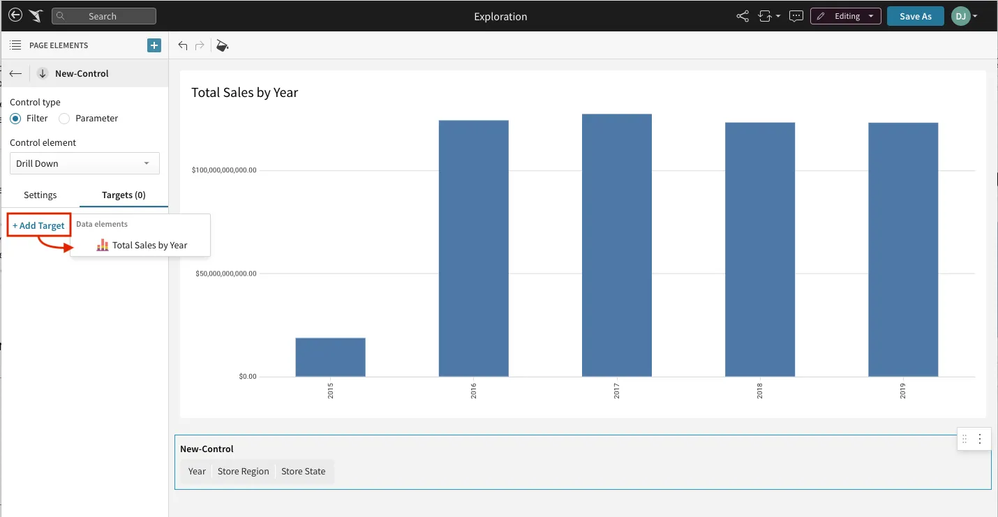 The target mapping panel with Year, Store Region, and Store State each mapped to matching columns in Sales by Year.