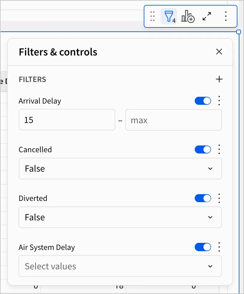 In the filters and controls menu, Arrival Delay is filtered to entries 15 or greater, Cancelled is filtered to False only, Diverted to False only, and Air System Delay is left blank