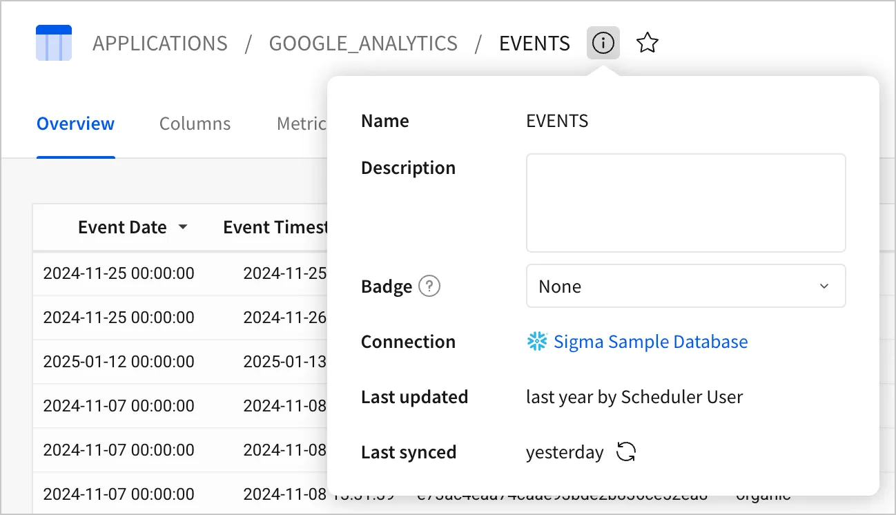 More info options for sample EVENTS table, showing a description, badge, connection, last updated, and last synced information for the table.