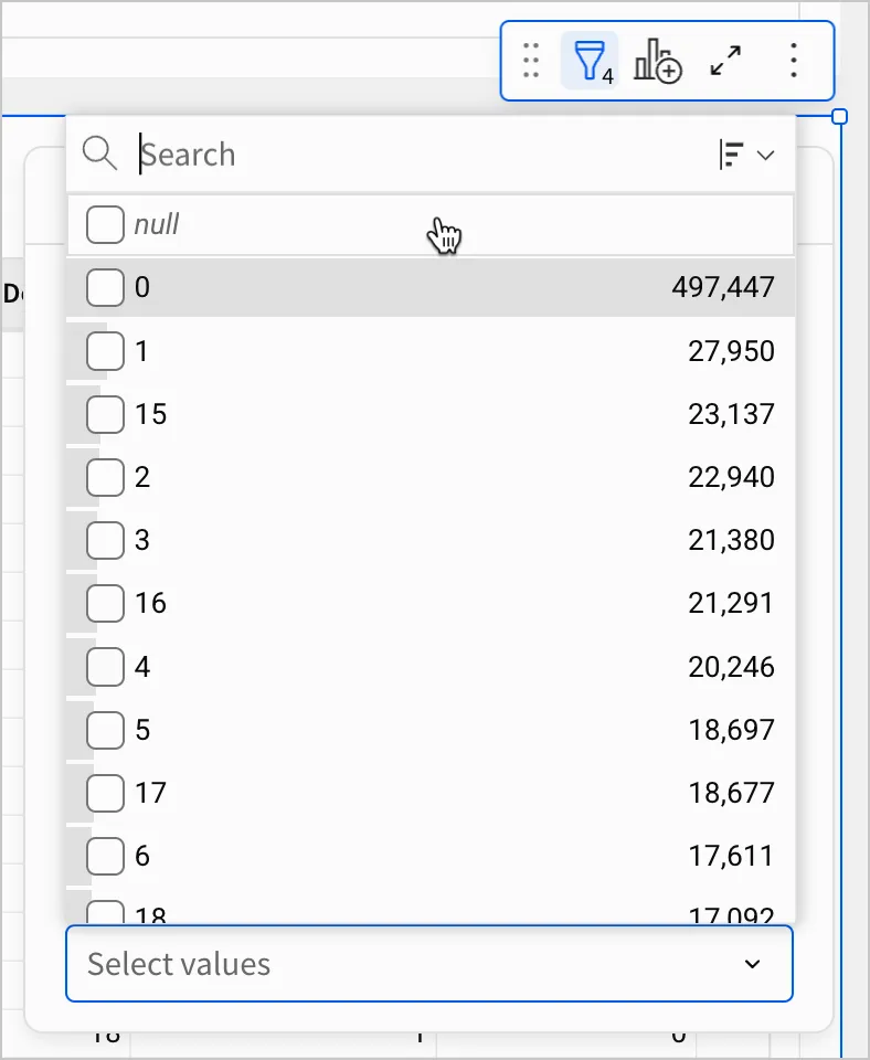 A user opens the Air System Delay list values filter. There are no null values