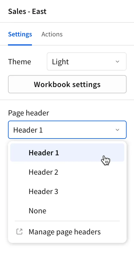 The header options for a workbook page showing three options: Header 1, Header 2, and Header 3.