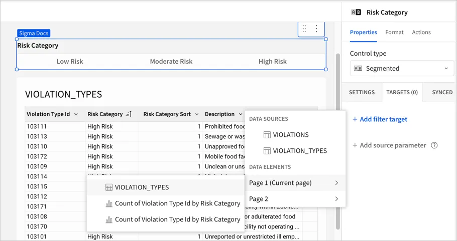 A dropdown listing data sources and data elements available as filter targets, with the VIOLATION_TYPES table highlighted.