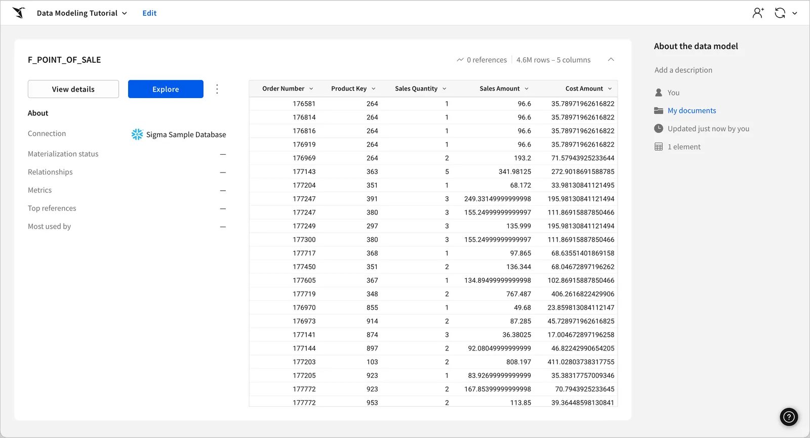 The data model overview page showing the published version of the tutorial data model, which is composed of the F_POINT_OF_SALE table, a fact table containing sales data with which to flatten a dimensional model for data analysis.
