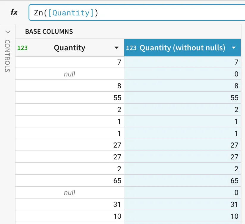 Sigma formula editor with Zn([Quantity]) entered and the Quantity (without nulls) column showing 0 where Quantity is null.