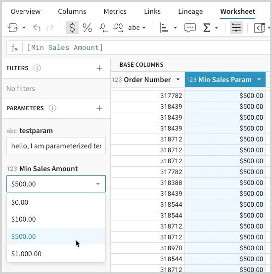 Parameter value set to 500 and Min Sales Param column reflecting the value as $500.00 because the column formula is equivalent to the parameter value.