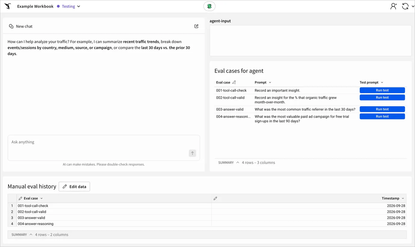 A workbook page with a chat element next to an Eval cases for agent table with a Run test button for each row, and a Manual eval history table logging each eval case with a timestamp.