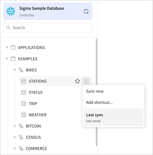 The connection browser with the EXAMPLES database expanded to show the BIKES schema and its tables, with the More menu open next to the STATIONS table showing options to sync now, add a shortcut, and view the last sync time.