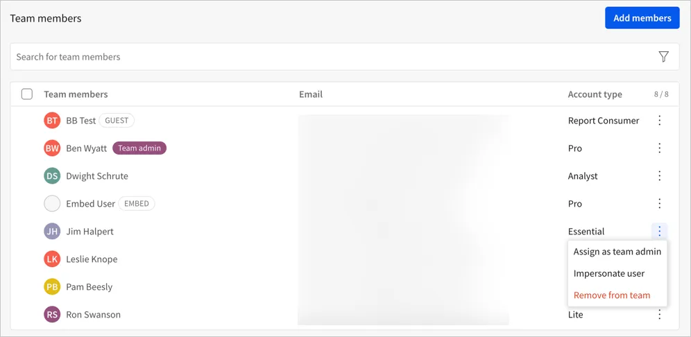 List of team members on the team tab, with the more menu open and showing the option to impersonate user. The email addresses of the team members are blurred for privacy reasons.
