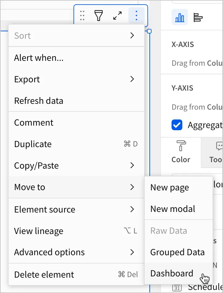 In the element menu, a user selects Dashboard from the Move to options