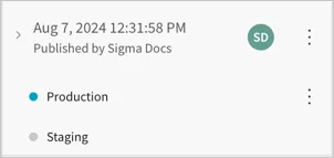 August 7 version of the document showing a blue Production tag and a grayed-out Staging tag, indicating Staging is inactive.