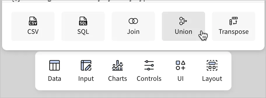 In the Select source modal, a user selects Union