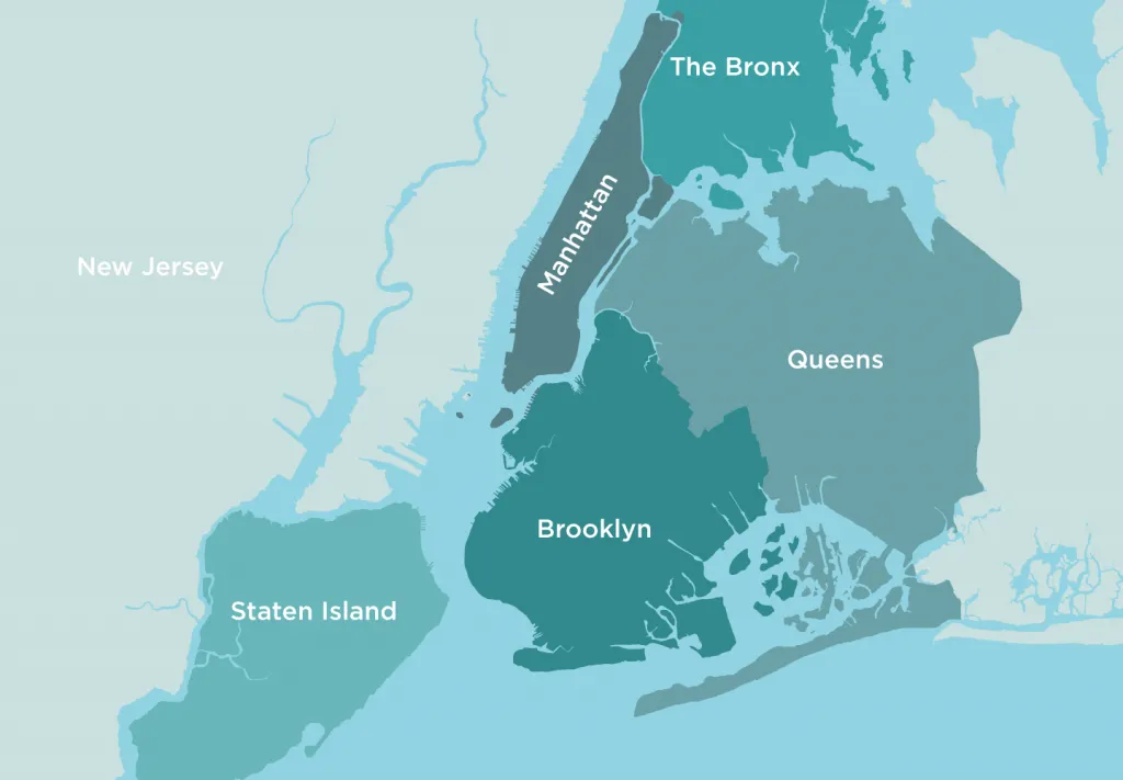 A map of the five boroughs of New York City shows that Brooklyn and Queens share a long border and a waterway