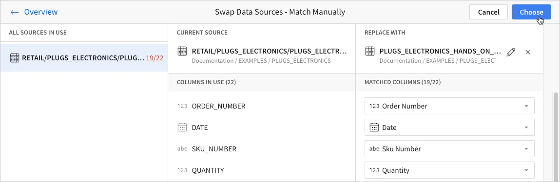 The Swap Data Sources Match Manually page with the replacement source selected and 19 of 22 columns matched via dropdown menus.