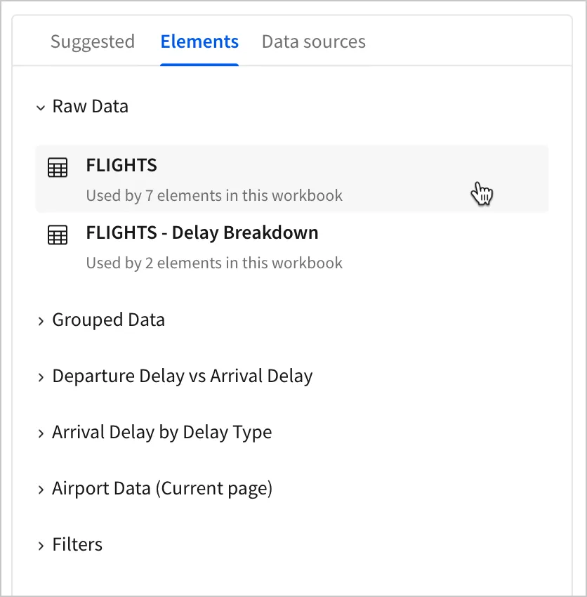 A user selects the FLIGHTS table from the Elements tab of the Select source modal