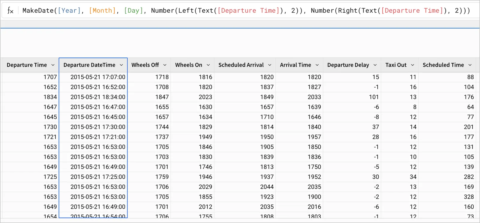 The Departure column formatted as a datetime with the date data type